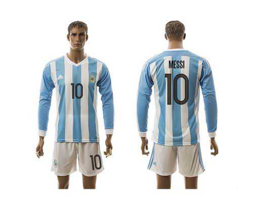 Argentina #10 Messi Home Long Sleeves Soccer Country Jersey