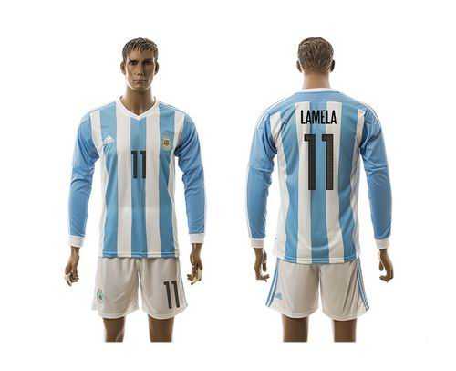 Argentina #11 Lamela Home Long Sleeves Soccer Country Jersey