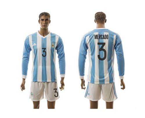 Argentina #3 Mercado Home Long Sleeves Soccer Country Jersey