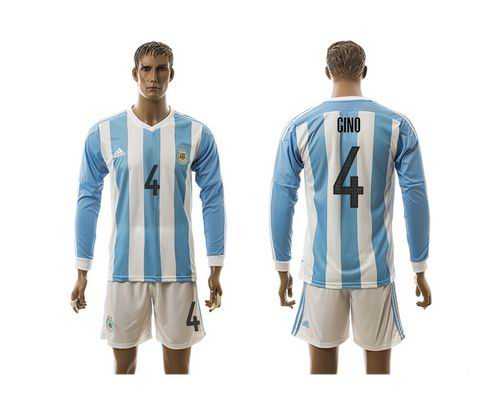Argentina #4 Gino Home Long Sleeves Soccer Country Jersey