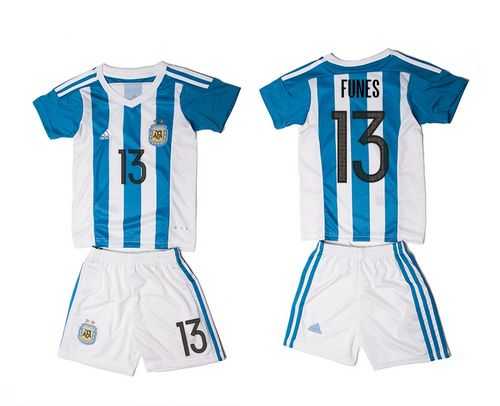 Argentina #13 Funes Home Kid Soccer Country Jersey