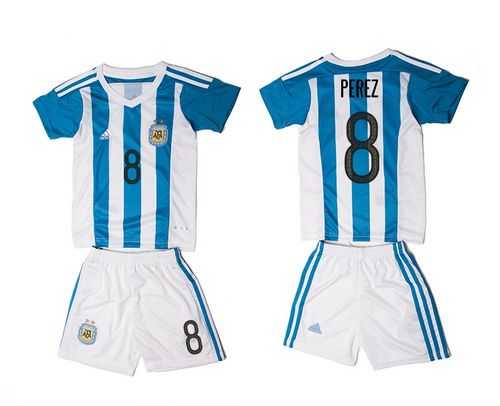 Argentina #8 Perez Home Kid Soccer Country Jersey