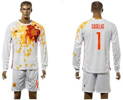 Spain #1 Casillas White Away Long Sleeves Soccer Country Jersey