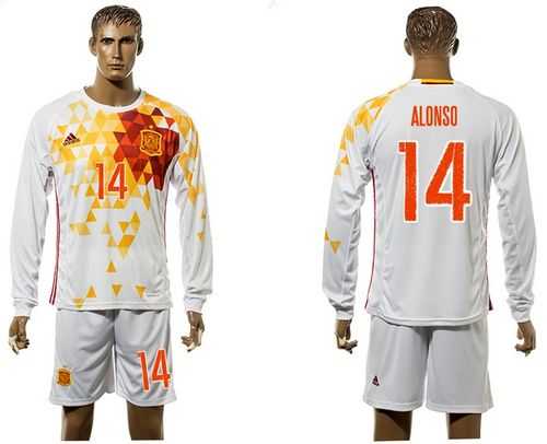 Spain #14 Alonso White Away Long Sleeves Soccer Country Jersey