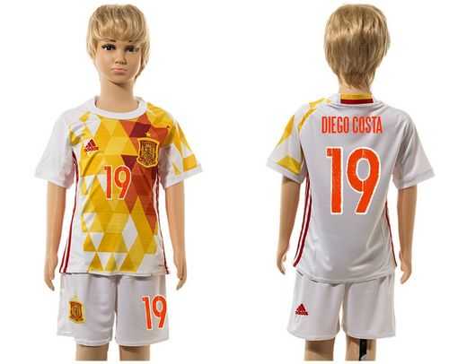 Spain #19 Diego Costa White Away Kid Soccer Country Jersey