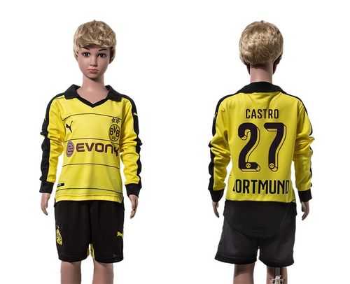 Dortmund #27 Castro Home Long Sleeves Kid Soccer Club Jersey