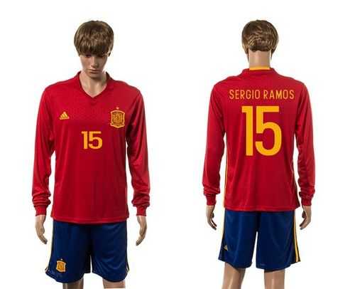 Spain #15 Sergio Ramos Red Home Long Sleeves Soccer Country Jersey