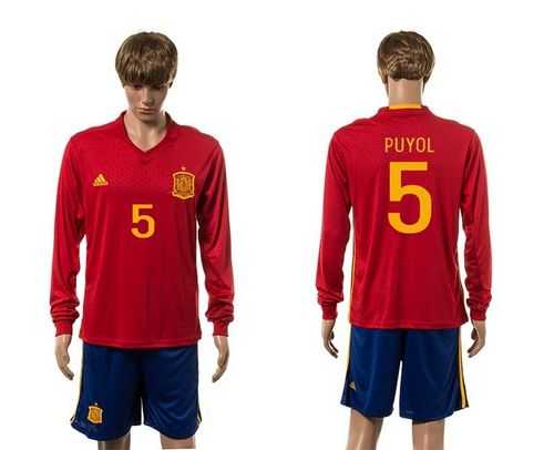 Spain #5 Puyol Red Home Long Sleeves Soccer Country Jersey