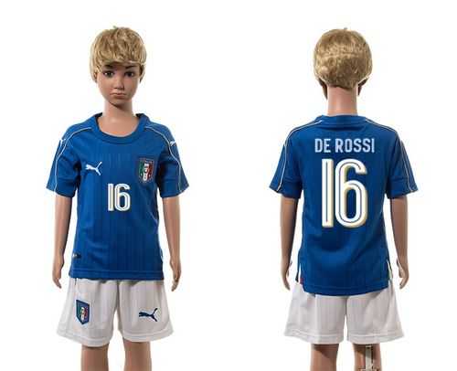 Italy #16 De Rossi Blue Home Kid Soccer Country Jersey