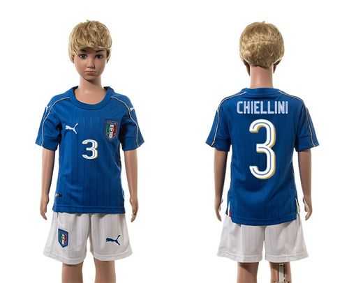 Italy #3 Chiellini Blue Home Kid Soccer Country Jersey