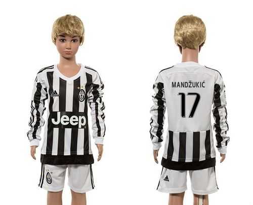 Juventus #17 Mandzukic Home Long Sleeves Kid Soccer Club Jersey