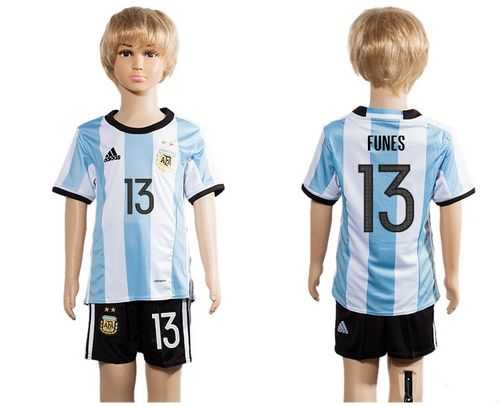 Argentina #13 Funes Home Kid Soccer Country Jersey
