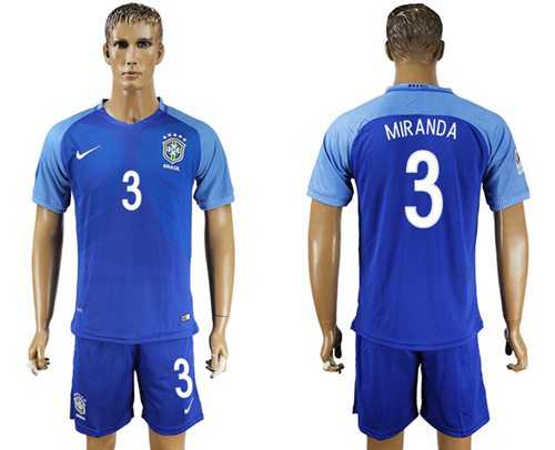 Brazil #3 Miranda Blue Soccer Country Jersey