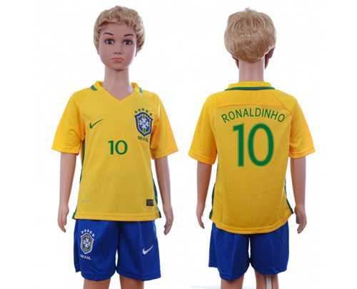 Brazil #10 Ronaldinho Home Kid Soccer Country Jersey