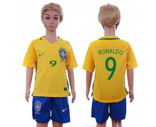 Brazil #9 Ronaldo Home Kid Soccer Country Jersey