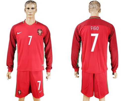 Portugal #7 Figo Home Long Sleeves Soccer Country Jersey