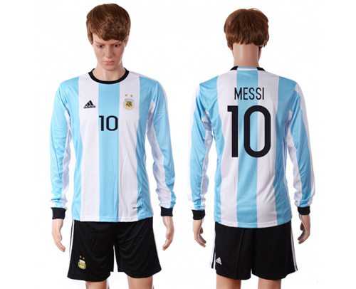 Argentina #10 Messi Home Long Sleeves Soccer Country Jersey