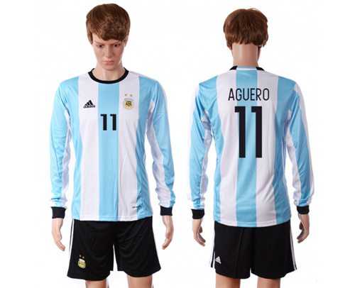 Argentina #11 Aguero Home Long Sleeves Soccer Country Jersey