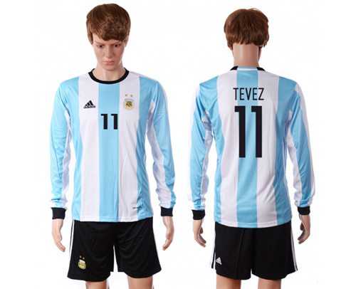 Argentina #11 Tevez Home Long Sleeves Soccer Country Jersey
