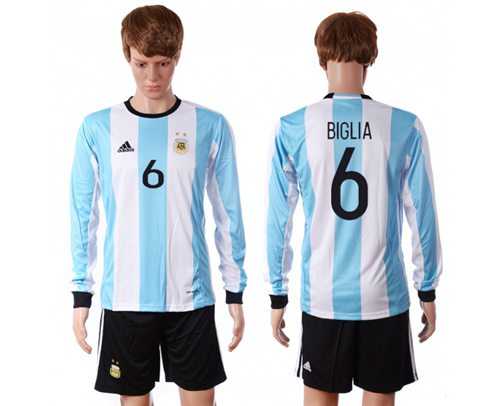 Argentina #6 Biglia Home Long Sleeves Soccer Country Jersey