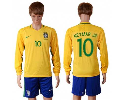 Brazil #10 Neymar Jr Home Long Sleeves Soccer Country Jersey