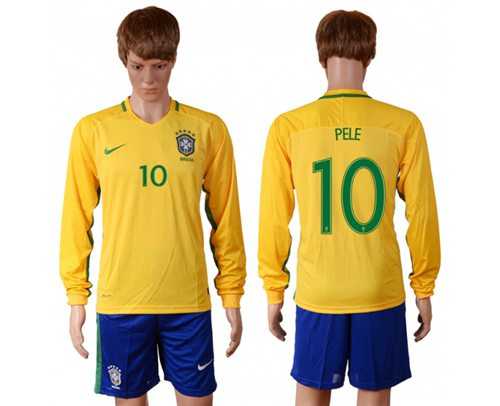 Brazil #10 Pele Home Long Sleeves Soccer Country Jersey