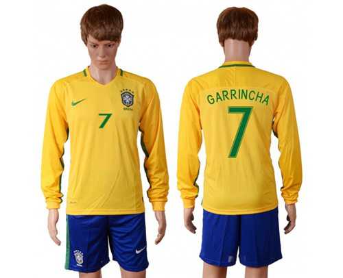 Brazil #7 Garrincha Home Long Sleeves Soccer Country Jersey