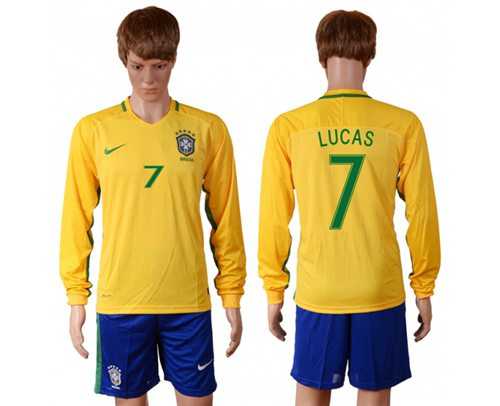 Brazil #7 Lucas Home Long Sleeves Soccer Country Jersey