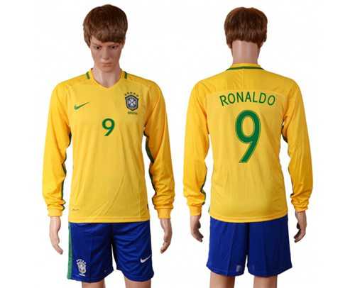 Brazil #9 Ronaldo Home Long Sleeves Soccer Country Jersey