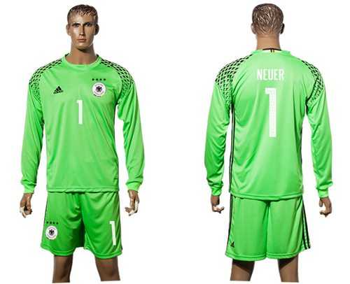 Germany #1 Neuer Green Goalkeeper Long Sleeves Soccer Country Jersey