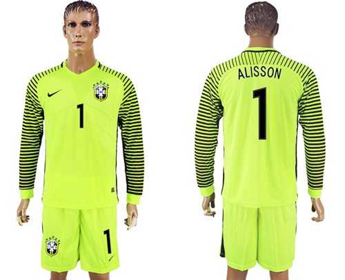 Brazil #1 Alisson Green Long Sleeves Goalkeeper Soccer Country Jersey