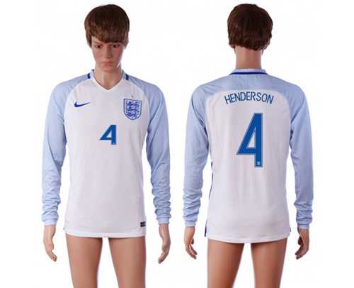 England #4 Henderson Home Long Sleeves Soccer Country Jersey