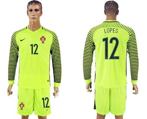 Portugal #12 Lopes Green Long Sleeves Goalkeeper Soccer Country Jersey