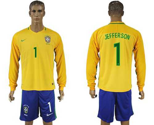 Brazil #1 Jefferson Home Long Sleeves Soccer Country Jersey