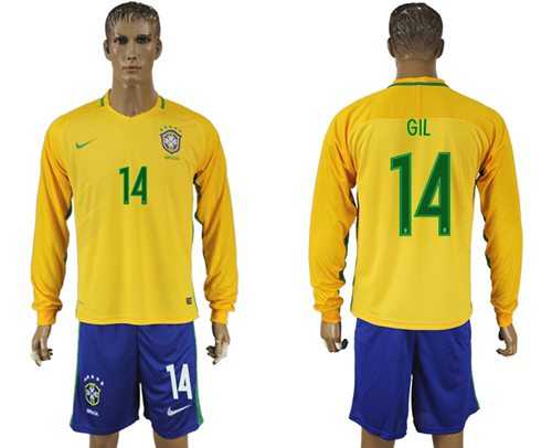 Brazil #14 GIL Home Long Sleeves Soccer Country Jersey