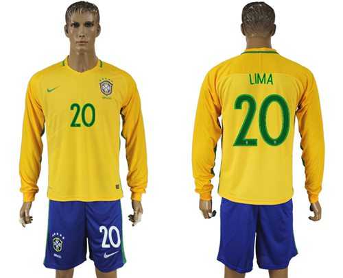 Brazil #20 Lima Home Long Sleeves Soccer Country Jersey