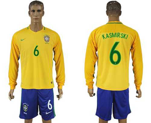 Brazil #6 Kasmirski Home Long Sleeves Soccer Country Jersey