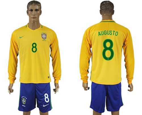Brazil #8 Augusto Home Long Sleeves Soccer Country Jersey