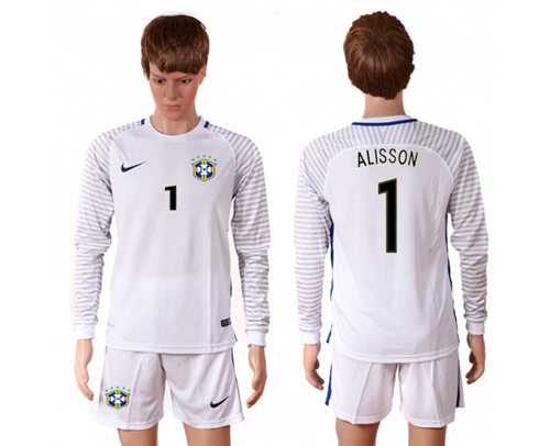 Brazil #1 Alisson White Goalkeeper Long Sleeves Soccer Country Jersey