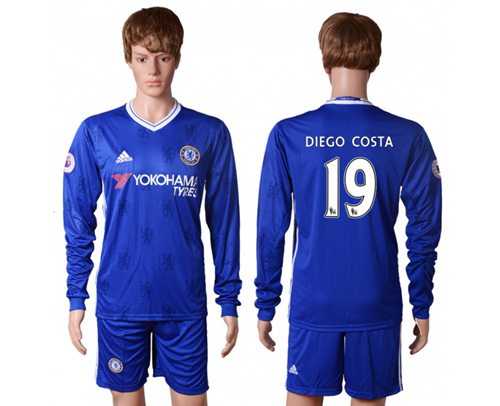 Chelsea #19 Diego Costa Home Long Sleeves Soccer Club Jersey