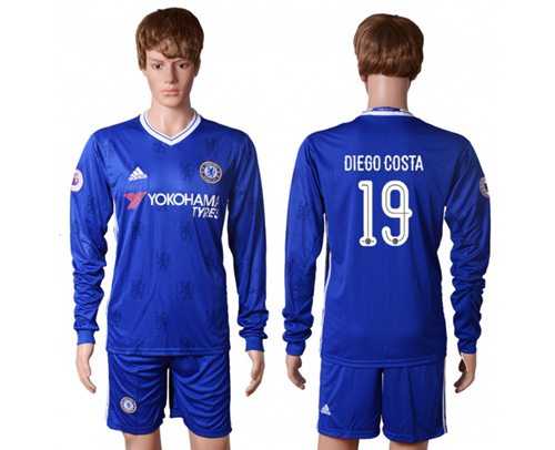 Chelsea #19 Diego Costa UEFA Champions Home Long Sleeves Soccer Club Jersey