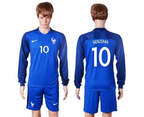 France #10 Benzema Home Long Sleeves Soccer Country Jersey