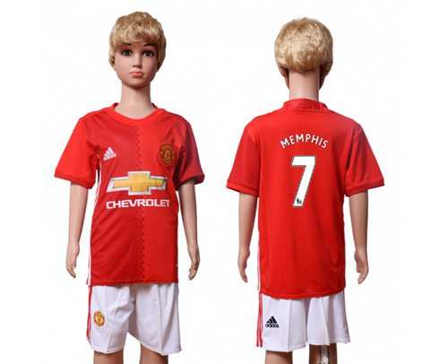 Manchester United #7 Memphis Home Kid Soccer Club Jersey