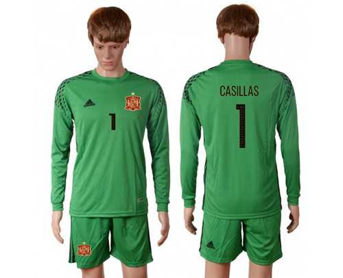 Spain #1 Casillas Green Goalkeeper Long Sleeves Soccer Country Jersey