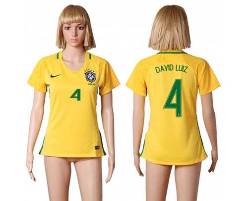 Women's Brazil #4 David Luiz Home Soccer Country Jersey