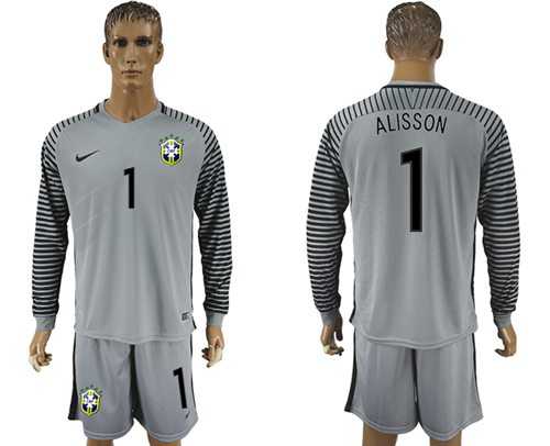 Brazil #1 Alisson Grey Goalkeeper Long Sleeves Soccer Country Jersey