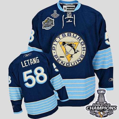 Pittsburgh Penguins #58 Kris Letang 2011 Winter Classic Vintage Dark Blue 2016 Stanley Cup Champions Stitched NHL Jersey