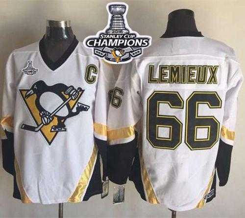 Pittsburgh Penguins #66 Mario Lemieux White CCM Throwback 2016 Stanley Cup Champions Stitched NHL Jersey