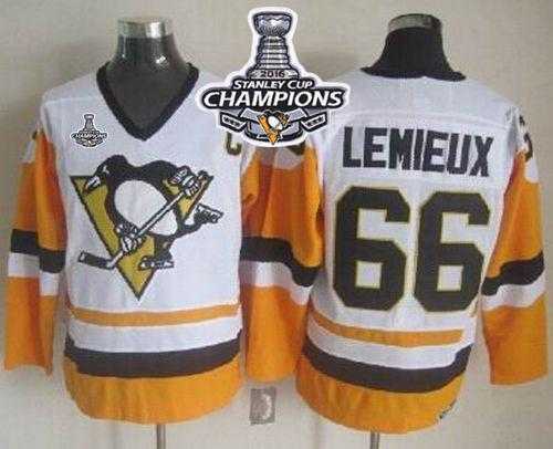 Pittsburgh Penguins #66 Mario Lemieux White-Black CCM Throwback 2016 Stanley Cup Champions Stitched NHL Jersey