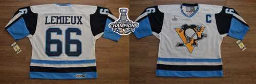Pittsburgh Penguins #66 Mario Lemieux White-Blue CCM Throwback 2016 Stanley Cup Champions Stitched NHL Jersey